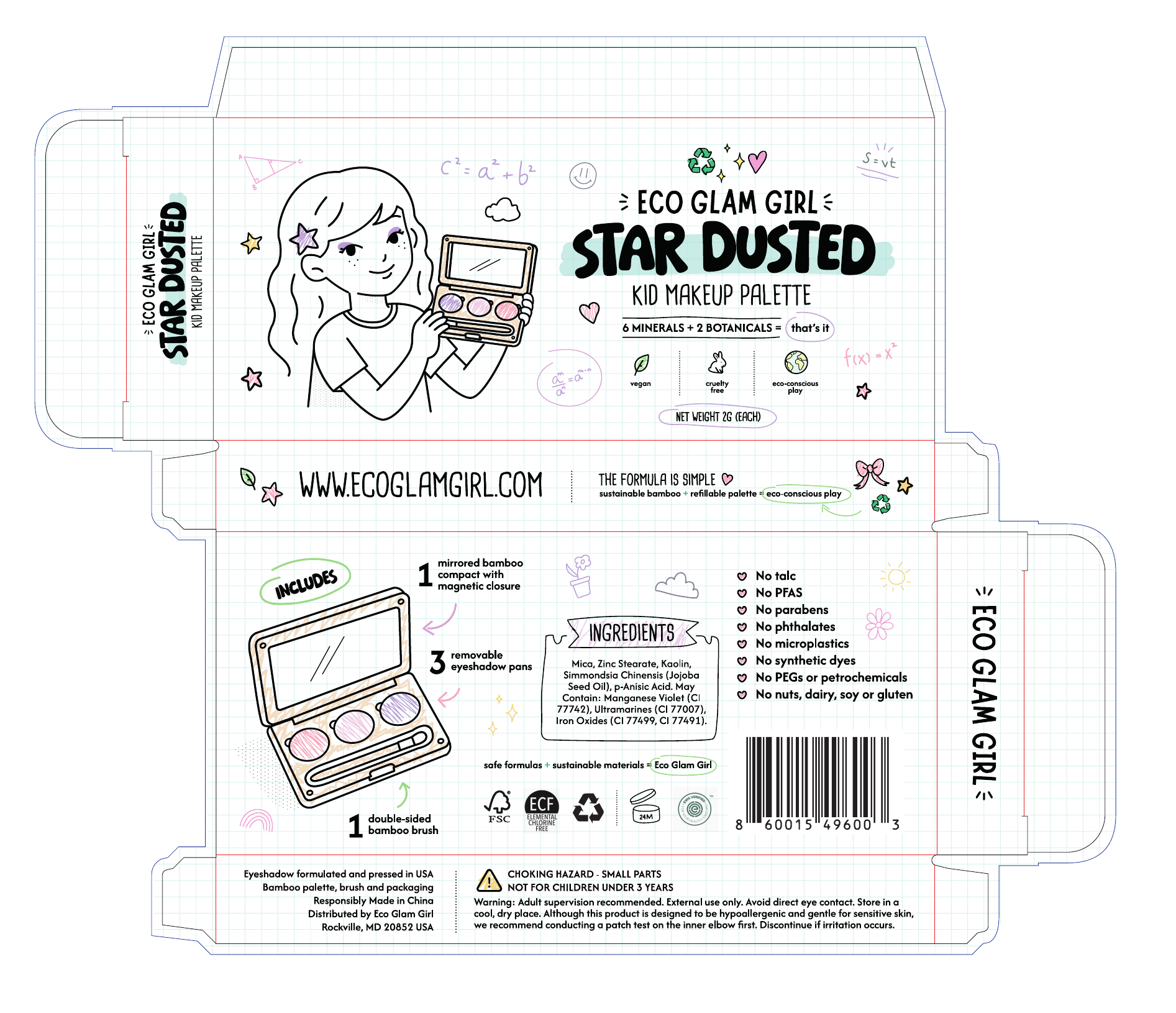 Original Star Dusted box front with illustrated child, palette, doodles, and product details